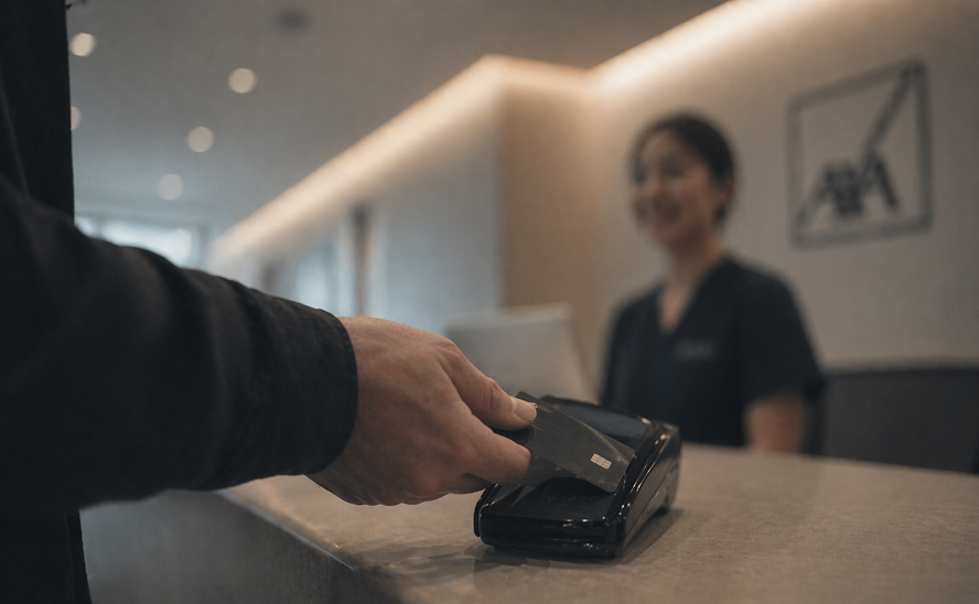 A contactless card payment at a clinic reception desk