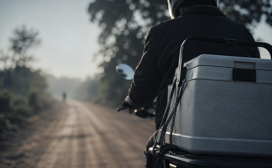 A rider carrying an insulated cold box along a dirt road at dawn
