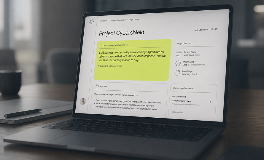 The Ninety OS project dashboard open on a laptop